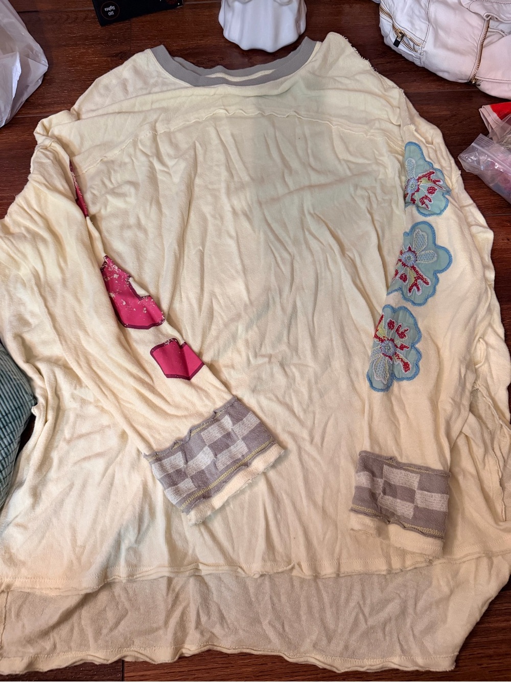 We The Free Cream Long-Sleeve Tunic with Blue Floral Sleeve Embroidery